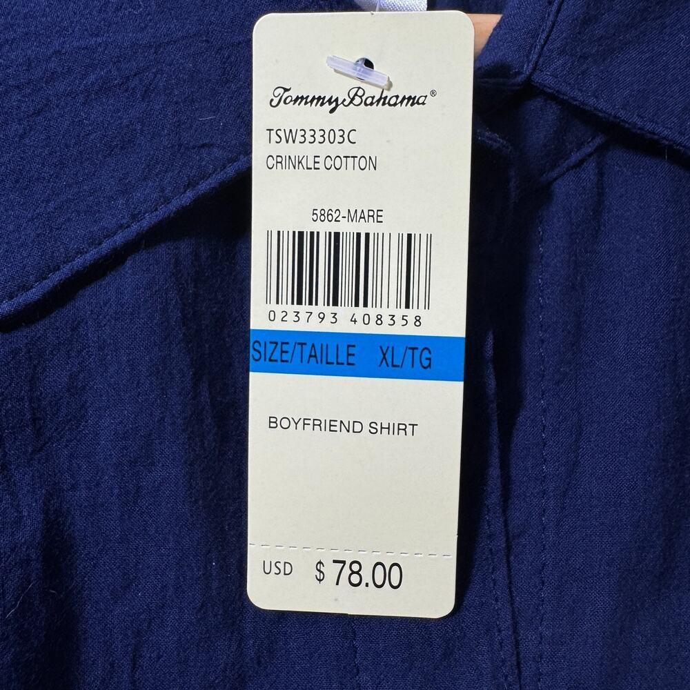 NWT Tommy Bahama Womens XL Blue Crinkle Cotton Boyfriend Shirt Tunic Roll Tab - Picture 7 of 9